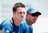 DURBAN, SOUTH AFRICA - DECEMBER 23: Fast bowlers Morne Morkel (L) and Dale Steyn of South Africa look on during South Africa nets and training session at Sahara Stadium Kingsmead on December 23, 2015 in Durban, South Africa. (Photo by Julian Finney/Getty Images)
