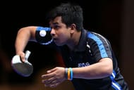 DUBAI, UNITED ARAB EMIRATES - APRIL 29: Soumyajit Ghosh of India in action during the Men's Singles Challenge against Jung Yougsik of Korea during day two of the Nakheel Table Tennis Asian Cup 2016 at Dubai World Trade Centre on April 29, 2016 in Dubai, United Arab Emirates. (Photo by Warren Little/Getty Images)