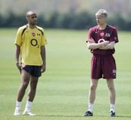 LONDON COLNEY, UNITED KINGDOM - MAY 11: Thierry Henry and Arsene Wenger during the Arsenal UEFA Champions League Media Day at the Arsenal Training Complex on May 11. 2006 in London Colney, England. Arsenal will take on Barcelona in the UEFA Champions League Final at the Stade de France in Paris next week. (Photo by Richard Heathcote/Getty Images)