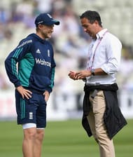BIRMINGHAM, ENGLAND - AUGUST 05: Joe Root of England speaks with former captain Michael Vaughan ahead of day three of the 3rd Investec Test between England and Pakistan at Edgbaston on August 5, 2016 in Birmingham, England. (Photo by Gareth Copley/Getty Images)