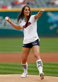 CLEVELAND, OH - SEPTEMBER 08: UFC fighter Jessica Eye throws out the ceremonial first pitch before the start of the game between the Cleveland Indians and the Houston Astros at Progressive Field on September 8, 2016 in Cleveland, Ohio. (Photo by David Maxwell/Getty Images)