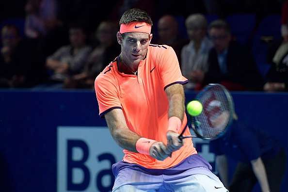 BASEL, SWITZERLAND - OCTOBER 28:  Juan Martin Del Potro of Argentina in action during the Swiss Indoors ATP 500 tennis tournament match against Kei Nishikori of Japan at St Jakobshalle on October 28, 2016 in Basel, Switzerland.  (Photo by Harold Cunningham/Getty Images)