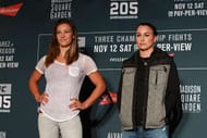 NEW YORK, NY - NOVEMBER 09: Miesha Tate (L) and Raquel Pennington pose for a photo during the UFC 205 Ultimate Media Day at The Theater at Madison Square Garden on November 9, 2016 in New York City. (Photo by Michael Reaves/Getty Images)