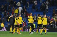 MADRID, SPAIN - DECEMBER 07: Borussia Dortmund players celebrate after drawing 2-2 in the UEFA Champions League Group F match between Real Madrid CF and Borussia Dortmund at the Bernabeu on December 7, 2016 in Madrid, Spain. (Photo by Denis Doyle/Getty Images)