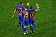 BARCELONA, SPAIN - DECEMBER 21: Paco Alcacer of FC Barcelona celebrates with his team mates Aleix Vidal and Rafinha Alcantara after scoring his team's fifth goal during the Copa del Rey round of 32 second leg match between FC Barcelona and Hercules at Camp Nou on December 21, 2016 in Barcelona, Spain. (Photo by David Ramos/Getty Images)