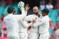 SYDNEY, AUSTRALIA - JANUARY 05: Nathan Lyon of Australia celebrates with his team mates after taking the wicket of Wahab Riaz of Pakistan during day three of the Third Test match between Australia and Pakistan at Sydney Cricket Ground on January 5, 2017 in Sydney, Australia. (Photo by Mark Kolbe/Getty Images)