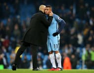 MANCHESTER, ENGLAND - JANUARY 21: Josep Guardiola, Manager of Manchester City (L) speaks to Gabriel Jesus of Manchester City (R) on the pitch after the Premier League match between Manchester City and Tottenham Hotspur at the Etihad Stadium on January 21, 2017 in Manchester, England. (Photo by Alex Livesey/Getty Images)