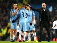 MANCHESTER, ENGLAND - JANUARY 21: Pablo Zabaleta of Manchester City (L) and Gabriel Jesus of Manchester City embrace while Josep Guardiola, Manager of Manchester City pats him on the back after the Premier League match between Manchester City and Tottenham Hotspur at the Etihad Stadium on January 21, 2017 in Manchester, England. (Photo by Alex Livesey/Getty Images)