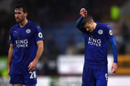 BURNLEY, ENGLAND - JANUARY 31: Christian Fuchs (L) and Jamie Vardy (R) of Leicester City show their dejeciton after the 0-1 defeat in the Premier League match between Burnley and Leicester City at Turf Moor on January 31, 2017 in Burnley, England. (Photo by Gareth Copley/Getty Images)