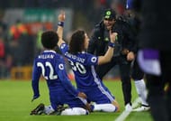 LIVERPOOL, ENGLAND - JANUARY 31: David Luiz of Chelsea celebrates scoring the opening goal during the Premier League match between Liverpool and Chelsea at Anfield on January 31, 2017 in Liverpool, England. (Photo by Clive Mason/Getty Images)