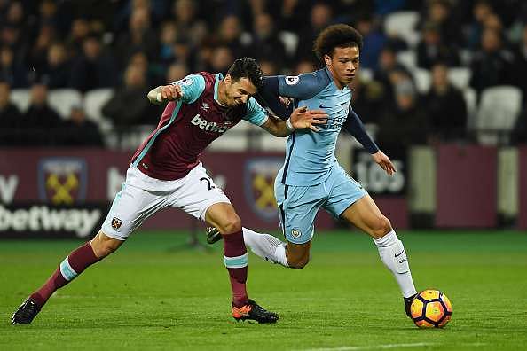 STRATFORD, ENGLAND - FEBRUARY 01: Jose Fonte of West Ham United and Leroy Sane of Manchester City in action during the Premier League match between West Ham United and Manchester City at London Stadium on February 1, 2017 in Stratford, England.  (Photo by Mike Hewitt/Getty Images)