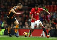 MANCHESTER, ENGLAND - FEBRUARY 01: Marcus Rashford of Manchester United takes on David Meyler of Hull City during the Premier League match between Manchester United and Hull City at Old Trafford on February 1, 2017 in Manchester, England. (Photo by Clive Mason/Getty Images)