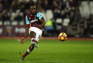 STRATFORD, ENGLAND - FEBRUARY 01: Michail Antonio of West Ham United scores a goal which is later dissalowed for offside during the Premier League match between West Ham United and Manchester City at London Stadium on February 1, 2017 in Stratford, England. (Photo by Mike Hewitt/Getty Images)