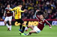 WATFORD, ENGLAND - FEBRUARY 04: Jeff Hendrick of Burnley fouls on Jose Holebas of Watford resulting in the red card during the Premier League match between Watford and Burnley at Vicarage Road on February 4, 2017 in Watford, England. (Photo by Alex Broadway/Getty Images)