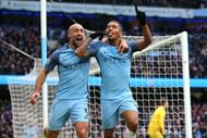MANCHESTER, ENGLAND - FEBRUARY 05: Gabriel Jesus of Manchester City celebrates scoring his sides second goal with Pablo Zabaleta during the Premier League match between Manchester City and Swansea City at Etihad Stadium on February 5, 2017 in Manchester, England. (Photo by Alex Livesey/Getty Images)