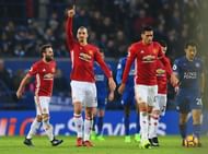 LEICESTER, ENGLAND - FEBRUARY 05: Zlatan Ibrahimovic of Manchester United (9) celebrates with team mates as he scores their second goal during the Premier League match between Leicester City and Manchester United at The King Power Stadium on February 5, 2017 in Leicester, England. (Photo by Shaun Botterill/Getty Images)