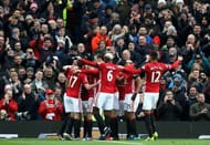 MANCHESTER, ENGLAND - FEBRUARY 11: Manchester United players celebrate their first goal by Juan Mata (obscured) during the Premier League match between Manchester United and Watford at Old Trafford on February 11, 2017 in Manchester, England. (Photo by Mark Thompson/Getty Images)