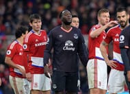 MIDDLESBROUGH, ENGLAND - FEBRUARY 11: Romelu Lukaku of Everton marshalled by the Middlesbrough during the Premier League match between Middlesbrough and Everton at Riverside Stadium on February 11, 2017 in Middlesbrough, England. (Photo by Mark Runnacles/Getty Images)