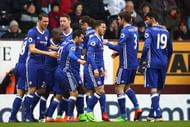 BURNLEY, ENGLAND - FEBRUARY 12: Pedro of Chelsea celebrates scoring his sides first goal with team mates during the Premier League match between Burnley and Chelsea at Turf Moor on February 12, 2017 in Burnley, England. (Photo by Clive Brunskill/Getty Images)