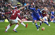 BURNLEY, ENGLAND - FEBRUARY 12: Diego Costa of Chelsea is closed down during the Premier League match between Burnley and Chelsea at Turf Moor on February 12, 2017 in Burnley, England. (Photo by Mike Hewitt/Getty Images)