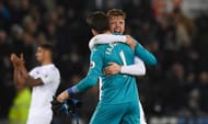 SWANSEA, WALES - FEBRUARY 12: Swansea player Alfie Mawson celebrates with goalkeeper Lukasz Fabianski after the Premier League match between Swansea City and Leicester City at Liberty Stadium on February 12, 2017 in Swansea, Wales. (Photo by Stu Forster/Getty Images)
