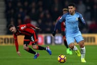 BOURNEMOUTH, ENGLAND - FEBRUARY 13: Sergio Aguero of Manchester City runs with the ball during the Premier League match between AFC Bournemouth and Manchester City at Vitality Stadium on February 13, 2017 in Bournemouth, England. (Photo by Michael Steele/Getty Images)