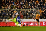 WOLVERHAMPTON, ENGLAND - FEBRUARY 18: George Saville of Wolves (R) shoots and hits the post during The Emirates FA Cup Fifth Round match between Wolverhampton Wanderers and Chelsea at Molineux on February 18, 2017 in Wolverhampton, England. (Photo by Stu Forster/Getty Images)