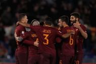ROME, ITALY - FEBRUARY 19: Mohamed Salah with his teammates of AS Roma celebrates after scoring the team's second goal during the Serie A match between AS Roma and FC Torino at Stadio Olimpico on February 19, 2017 in Rome, Italy. (Photo by Paolo Bruno/Getty Images)
