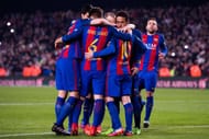 BARCELONA, SPAIN - FEBRUARY 19: Players of FC Barcelona celebrate after their teammate Lionel Messi scored their second team's goal with a penalty shot during the La Liga match between FC Barcelona and CD Leganes at Camp Nou stadium on February 19, 2017 in Barcelona, Spain. (Photo by Alex Caparros/Getty Images)