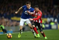 LIVERPOOL, ENGLAND - FEBRUARY 25: Seamus Coleman of Everton (L) and Bryan Oviedo of Sunderland (R) battle for possession during the Premier League match between Everton and Sunderland at Goodison Park on February 25, 2017 in Liverpool, England. (Photo by Jan Kruger/Getty Images)