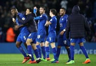 LEICESTER, ENGLAND - FEBRUARY 27: Wes Morgan of Leicester City (L) celebrates with team mates after the full time whistle during the Premier League match between Leicester City and Liverpool at The King Power Stadium on February 27, 2017 in Leicester, England. (Photo by Julian Finney/Getty Images)