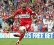 MIDDLESBROUGH, UNITED KINGDOM - AUGUST 30: Afonso Alves of Middlesbrough scores the opening goal from a free kick during the Barclays Premier League match between Middlesbrough and Stoke City at the Riverside Stadium on August 30, 2008 in Middlesbrough, England. (Photo by Matthew Lewis/Getty Images)