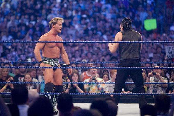HOUSTON, TX - APRIL 5: (L-R) WWE Superstar Chris Jericho taunts actor Mickey Rourke as they prepare to duel during WrestleMania 25 at Reliant Stadium on April 5, 2009 in Houston, Texas.  (Photo by Bill Olive/Getty Images)