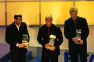 MADRID - DECEMBER 17: Ronaldo of Brazil, Oliver Kahn of Germany and Zinedine Zidane of France holding their trophies during the 2002 FIFA World Player Gala at the Palacio de Congresos held on 17th December 2002 in Madrid, Spain. (Photo by Shaun Botterill/Getty Images)