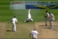 30 Dec 1997: Mark Taylor (centre top) of Australia, fielding as first slip catches Adam Bacher (right) of South Africa, off the bowling of Shane Warne (centre bottom) during the first test match at the MCG in Melbourne, Australia. The match ended a draw. \ Mandatory Credit: Ben Radford /Allsport