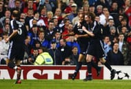 MANCHESTER, ENGLAND - APRIL 23: Ronaldo of Madrid celebrates with Steve McManaman after scoring the third goal during the UEFA Champions League quarter final, second leg match between Manchester United and Real Madrid on April 23, 2003 at Old Trafford in Manchester, England. (Photo by Laurence Griffiths/Getty Images)