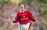 LONDON, UNITED KINGDOM - AUGUST 11: David Beckham of Manchester United celebrates after scoring the third goal in the 1996 FA Charity Shield between Manchester United and Newcastle United at Wembley Stadium on August 11, 1996 in London, England. (Photo by Shaun Botterill/Allsport/Getty Images)