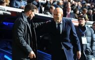MADRID, SPAIN - FEBRUARY 27: Manager Diego Simeone of Club Atletico de Madrid greets Real Madrid manager Zinedine Zidane during the La Liga match between Real Madrid CF and Club Atletico de Madrid at Estadio Santiago Bernabeu on February 27, 2016 in Madrid, Spain. (Photo by Denis Doyle/Getty Images)