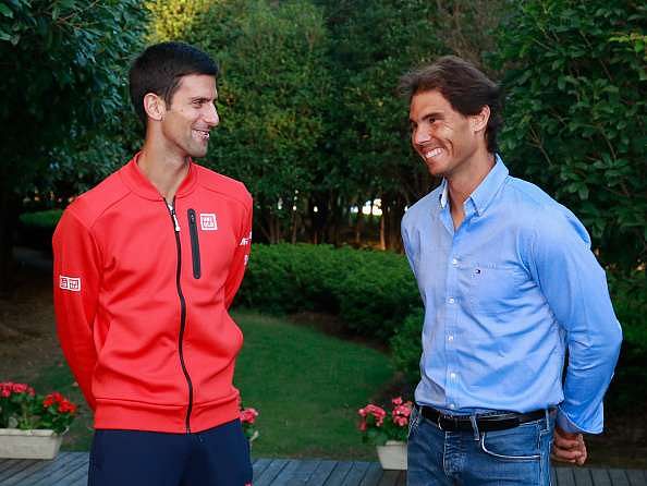 SHANGHAI, CHINA - OCTOBER 10:  (L to R)Novak Djokovic and Rafael Nadal chats at the sponsors party of ATP Shanghai Rolex Masters 2016 at Qi Zhong Tennis Centre on October 10, 2016 in Shanghai, China.  (Photo by Kevin Lee/Getty Images)