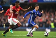 LONDON, ENGLAND - OCTOBER 23: Eden Hazard of Chelsea is closed down by Antonio Valencia of Manchester United during the Premier League match between Chelsea and Manchester United at Stamford Bridge on October 23, 2016 in London, England. (Photo by Shaun Botterill/Getty Images)
