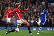 LONDON, ENGLAND - OCTOBER 23: N'Golo Kante of Chelsea passes the ball past Marouane Fellaini of Manchester United during the Premier League match between Chelsea and Manchester United at Stamford Bridge on October 23, 2016 in London, England. (Photo by Mike Hewitt/Getty Images)