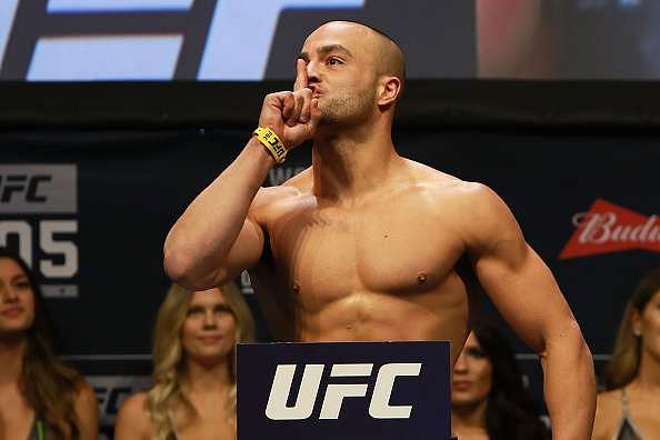 NEW YORK, NY - NOVEMBER 11:  UFC Lightweight Champion Eddie Alvarez reacts during UFC 205 Weigh-ins at Madison Square Garden on November 11, 2016 in New York City.  (Photo by Michael Reaves/Getty Images)