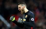 MANCHESTER, ENGLAND - DECEMBER 11: David De Gea of Manchester United celebrates his team's first goal during the Premier League match between Manchester United and Tottenham Hotspur at Old Trafford on December 11, 2016 in Manchester, England. (Photo by Clive Brunskill/Getty Images)