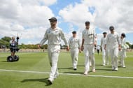 CHRISTCHURCH, NEW ZEALAND - JANUARY 20: Kane Williamson, Tom Latham, Tim Southee, Jeet Raval, Ross Taylor and BJ Watling of New Zealand walk from the ground at the lunch break during day one of the Second Test match between New Zealand and Bangladesh at Hagley Oval on January 20, 2017 in Christchurch, New Zealand. (Photo by Kai Schwoerer/Getty Images)
