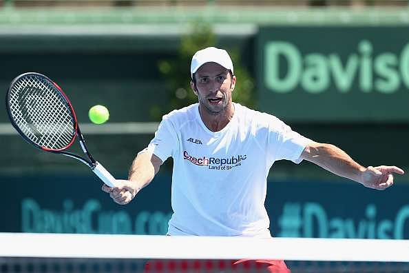 MELBOURNE, AUSTRALIA - FEBRUARY 02:  Radek Stepanek of Czech Republic plays a forehand after the official draw during a practice session ahead of the Davis Cup World Group First Round tie between Australia and Czech Republic at Kooyong on February 2, 2017 in Melbourne, Australia.  (Photo by Robert Prezioso/Getty Images)