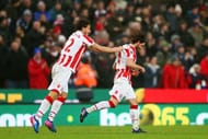 STOKE ON TRENT, ENGLAND - FEBRUARY 11: Joe Allen (R) of Stoke City celebrates scoring the opening goal with his team mate Ramadan Sobhi (L) during the Premier League match between Stoke City and Crystal Palace at Bet365 Stadium on February 11, 2017 in Stoke on Trent, England. (Photo by Alex Morton/Getty Images)