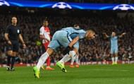 MANCHESTER, ENGLAND - FEBRUARY 21: Sergio Aguero of Manchester City celebrates as he scores their third goal during the UEFA Champions League Round of 16 first leg match between Manchester City FC and AS Monaco at Etihad Stadium on February 21, 2017 in Manchester, United Kingdom. (Photo by Stu Forster/Getty Images)