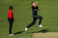 WELLINGTON, NEW ZEALAND - FEBRUARY 25: Tim Southee of New Zealand bowls while umpire Joel Wilson of West Indies looks on during game three of the One Day International series between New Zealand and South Africa at Westpac Stadium on February 25, 2017 in Wellington, New Zealand. (Photo by Hagen Hopkins/Getty Images)