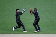 AUCKLAND, NEW ZEALAND - MARCH 04: Jeetan Patel of New Zealand celebrates with teammate Luke Ronchi for the wicket of JP Duminy of South Africa during game five of the One Day International series between New Zealand and South Africa at Eden Park on March 4, 2017 in Auckland, New Zealand. (Photo by Anthony Au-Yeung/Getty Images)