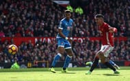 MANCHESTER, ENGLAND - MARCH 04: Marcos Rojo of Manchester United (R) scores his sides first goal during the Premier League match between Manchester United and AFC Bournemouth at Old Trafford on March 4, 2017 in Manchester, England. (Photo by Julian Finney/Getty Images)